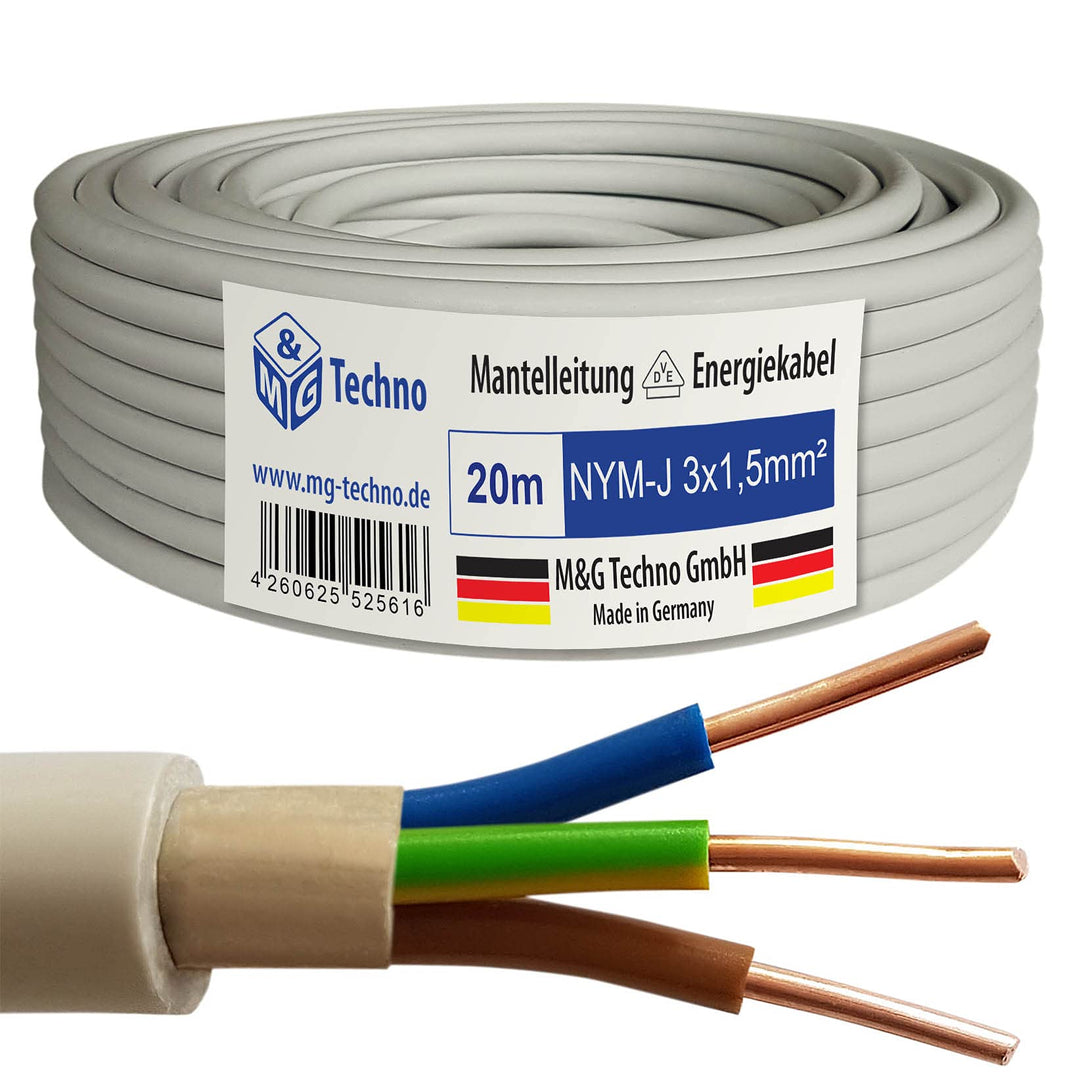 M&G Techno 20m NYM-J 3x1,5 mm² Mantelleitung Feuchtraumkabel Elektrokabel Kupfer Made in Germany Gra