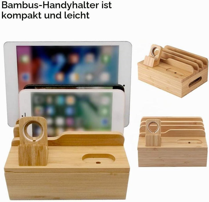 Oumefar Bambus-Ladestations-Rack für mehrere Geräte, Speicherladedockstation und Organizer für Mobil