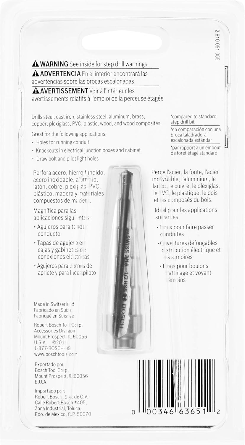 BOSCH SDC6 Turbo-Stufenbohrer, Hochgeschwindigkeitsstahl, 3/16 Zoll bis 1/2 Zoll 1,9 cm - 1,27 cm.,