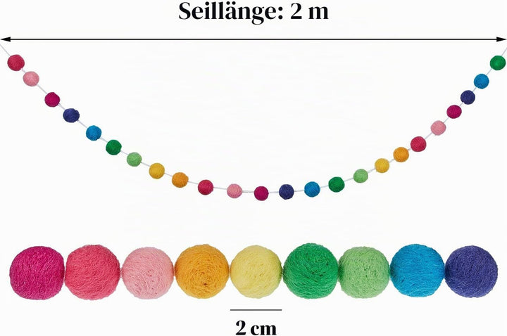 2 Stück Wolle Filz Ball Girlande Bunte Pom Pom Girlande Handgefertigt 6,5 Fuss Lang 24 Bälle Filz Ku