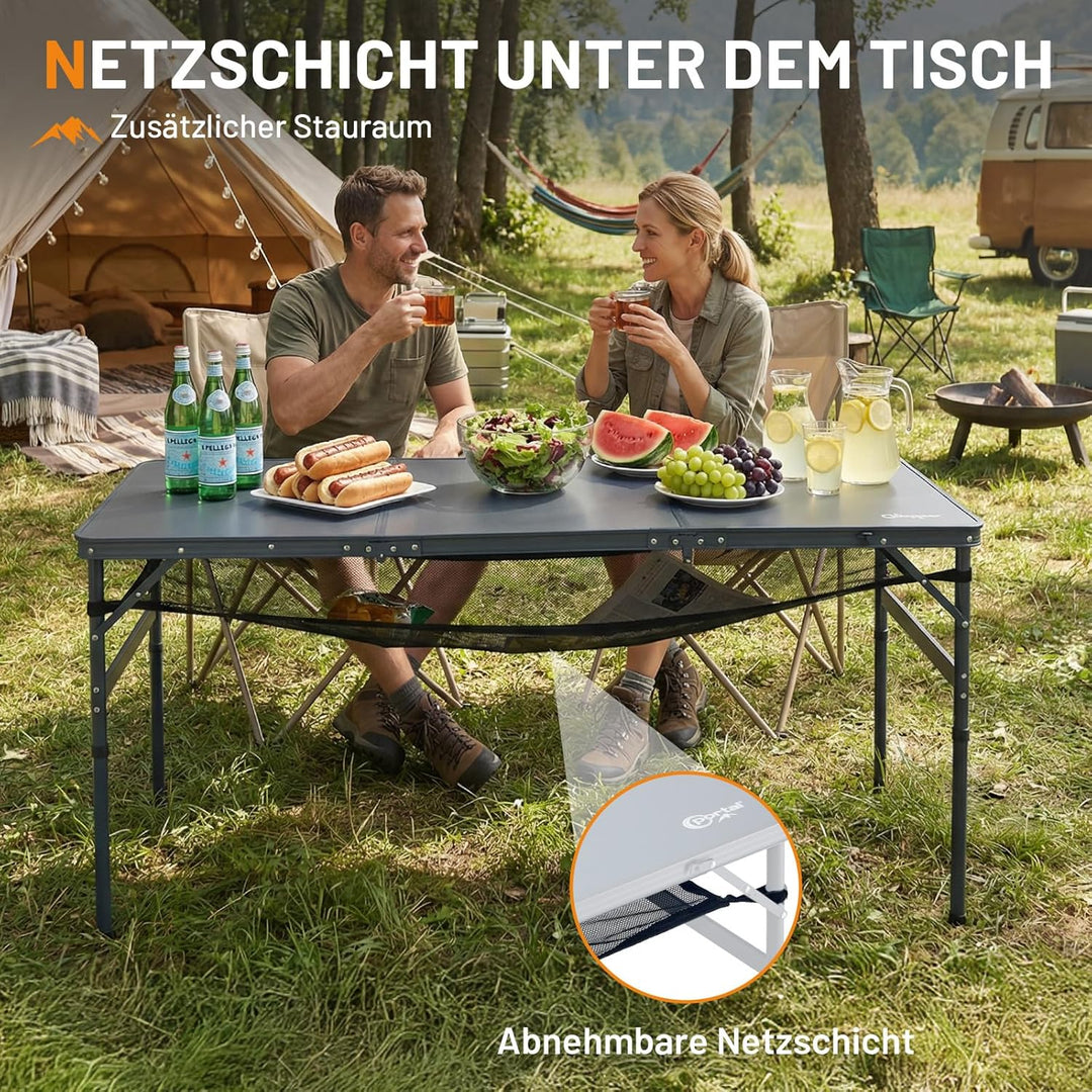 Portal Faltbarer Campingtisch 150x60cm Höhenverstellbar Robuster Klapptisch mit Tragegriff &amp; Ablagen