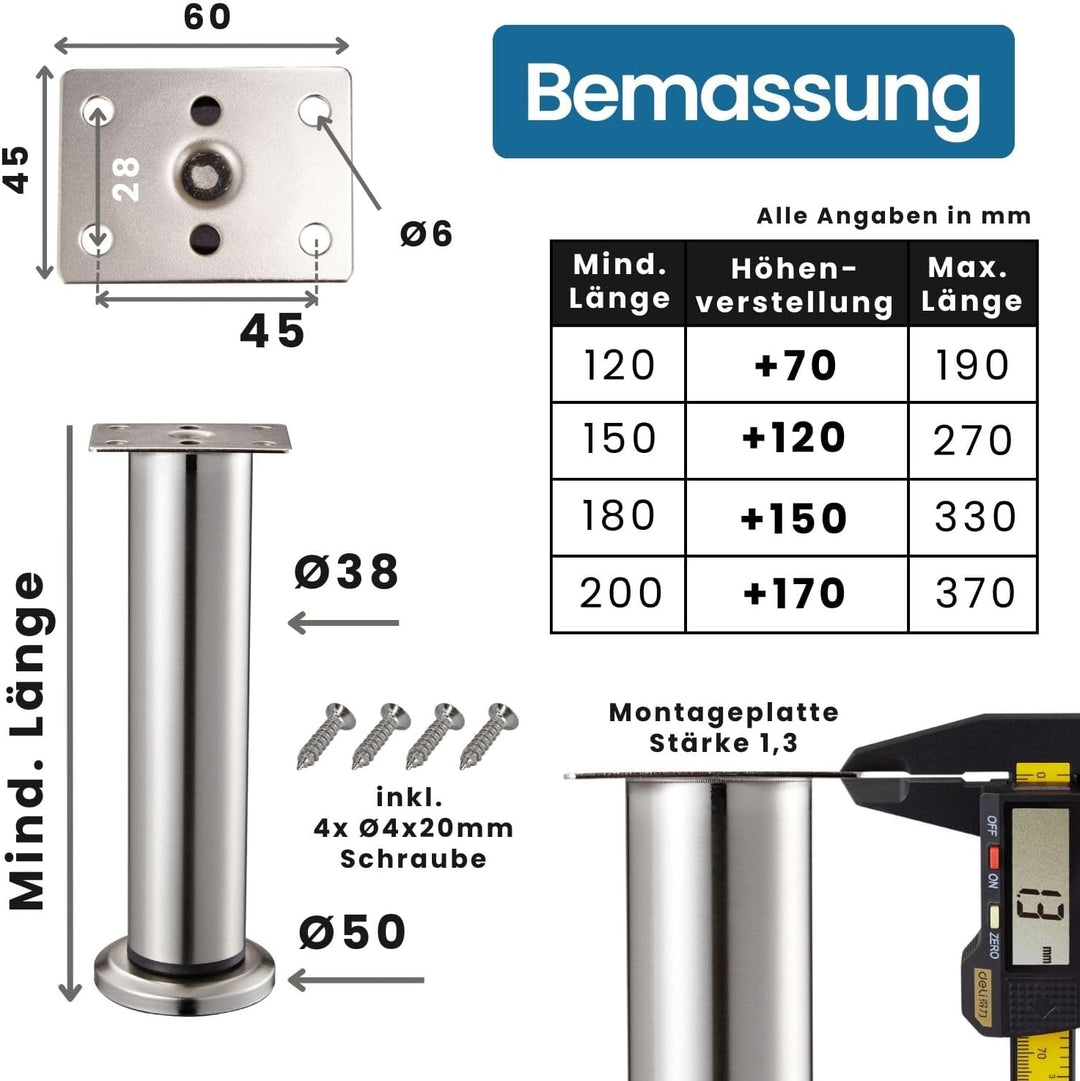 Stahlia Möbelfüsse verstellbar Tischbeine Metall Edelstahl Optik 120-190mm (4er Set) Ø38mm Bettfüsse