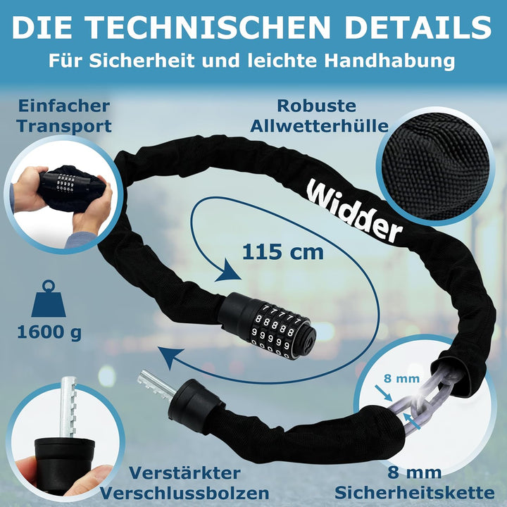WIDDER Sicheres 8mm Kettenschloss mit Zahlencode (120cm lang, extra-grosse Zahlenräder, gehärtete St