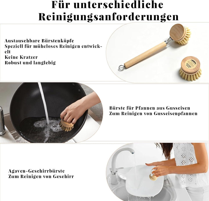 5 Stück Bambus Spülbürsten-mit Spülbürste Holz, 14’’ Flaschenbürste, Ersatzköpfen, Abwaschbürste*2 -