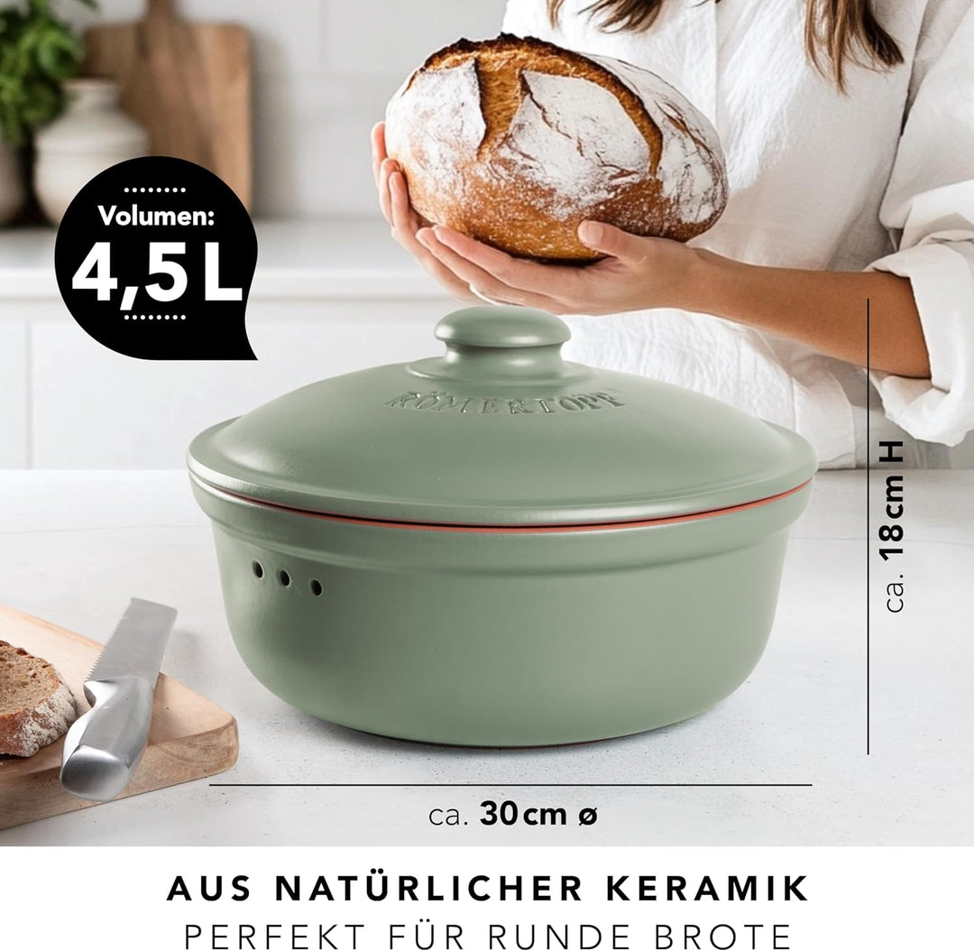 Romertopf Brottopf Rund Ø 30cm - Brotkasten Grün aus Keramik - Atmungsaktiver Tontopf für langanhalt