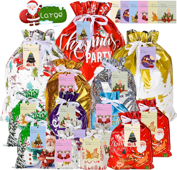 Weihnachts Geschenkbeutel mit Kordelzug - 15 Stück mit 15 Anhängern, 7 Designs, 5 Grössen, Wiederver