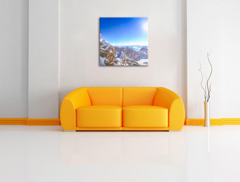 Zugspitze im Sonnenlicht, Format: 70x70 auf Leinwand, XXL riesige Bilder fertig gerahmt mit Keilrahm