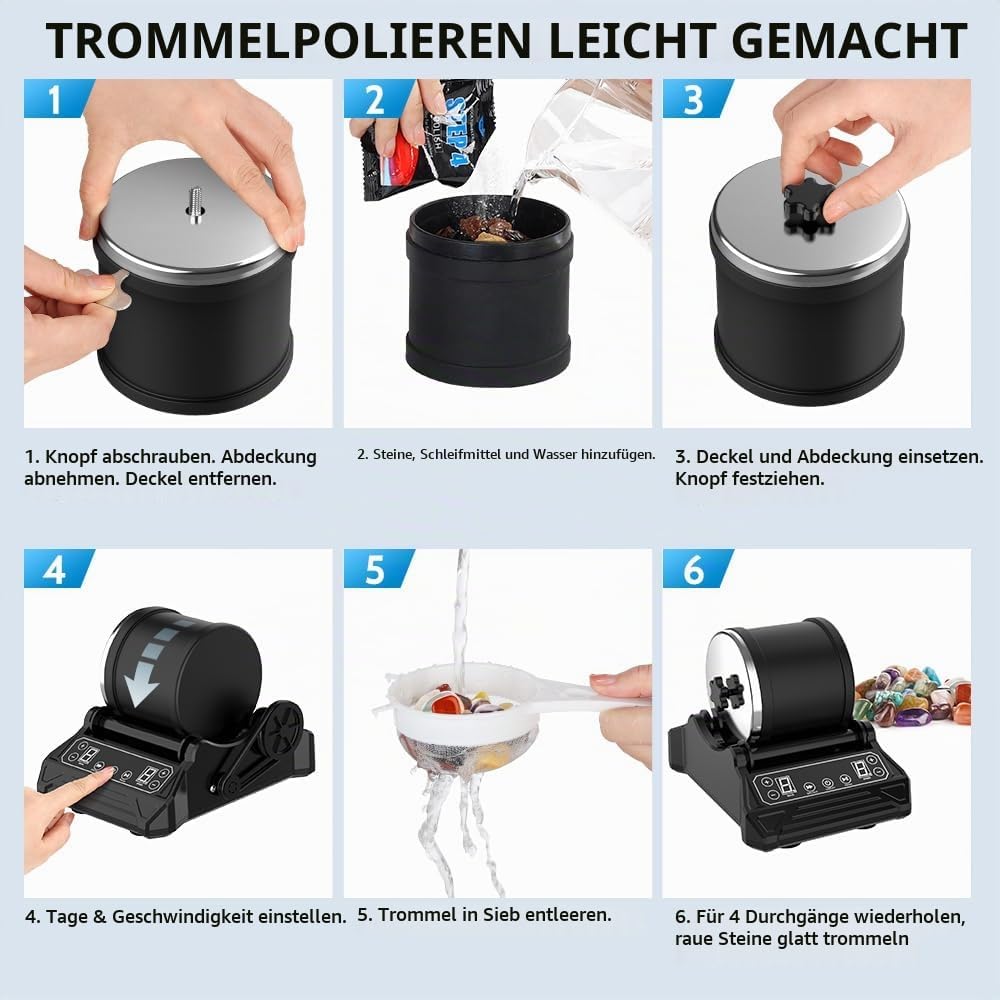Rock Tumbler Kit Steintrommel Set, Steinschleifmaschine mit 9-Tage-Timer &amp; 9-Gang-Einstellungen, Kom