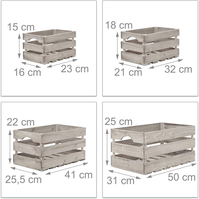 Relaxdays Holzkiste im 4er Set, Dekoration & Aufbewahrung, 4 unters. Grössen, für Wein, Deko & Büche