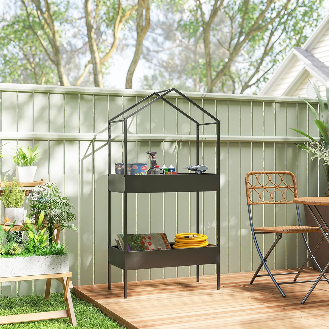 Outsunny 2-Etagen Pflanzenständer in Hausform, 150 cm hoch Blumenständer mit Haken, Metall Pflanzenr