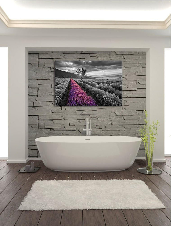 Lavendelfeld mit einsamen Baum schwarz/weiss Format: 100x70 auf Leinwand, XXL riesige Bilder fertig