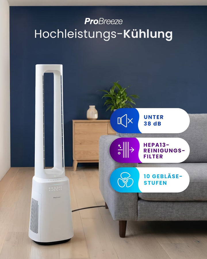 Pro Breeze 105cm rotorloser Ventilator mit Luftreiniger, Turmventilator sehr leise mit Fernbedienung