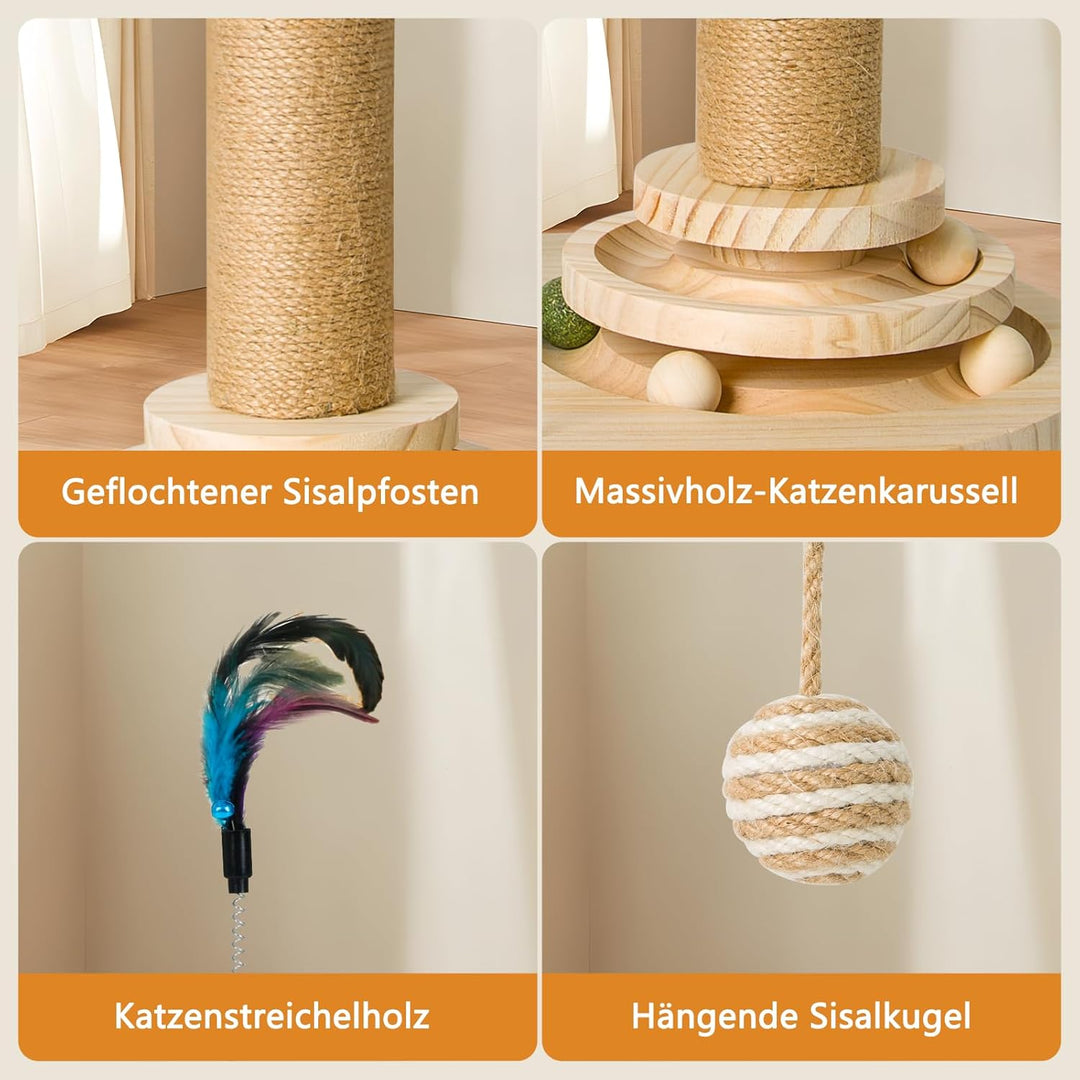 6 in 1 Interaktives Katzenspielzeug, Holz Katzenmöbel mit Hängenden Kugeln, Federn, Drehbar Smart Tr