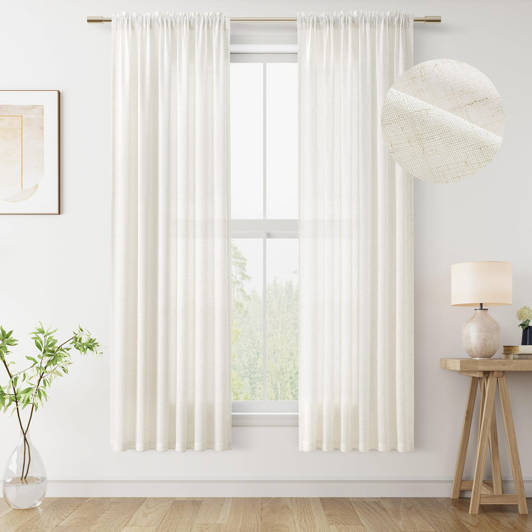Flachs-Leinenvorhänge 183 cm Länge, 2 Paneele, neutrale halbtransparente Boho-Vorhänge für Schlafzim