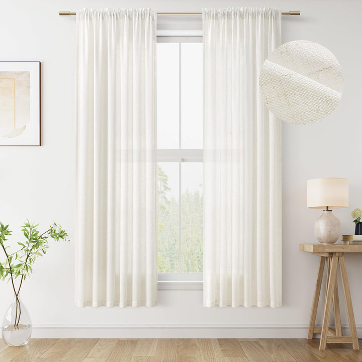 Flachs-Leinenvorhänge 183 cm Länge, 2 Paneele, neutrale halbtransparente Boho-Vorhänge für Schlafzim