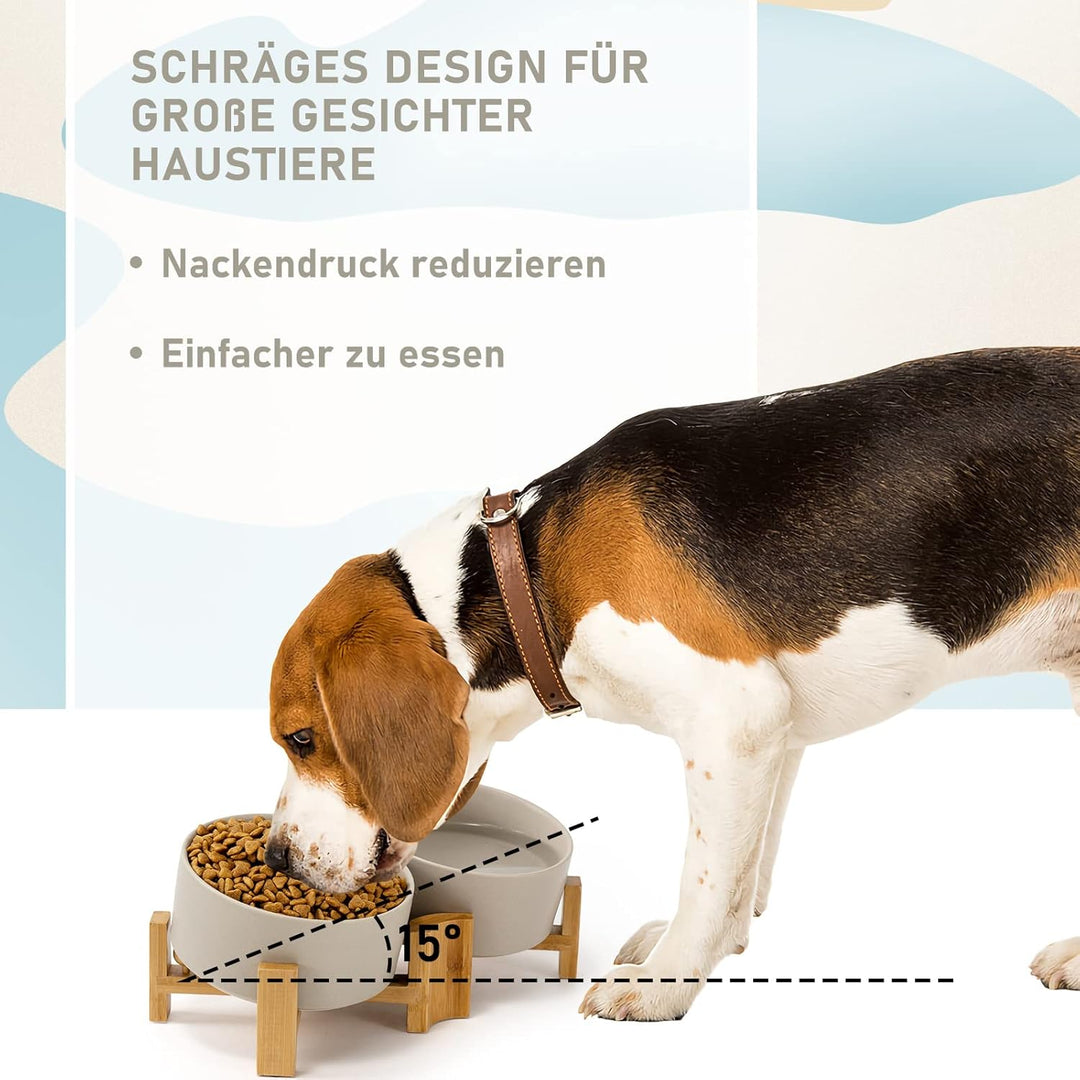 SPUNKYJUNKY Kippbarer Hundenapf Keramik Doppel Hund Futternapf mit Bambus Ständer 0° und 15° Neigung