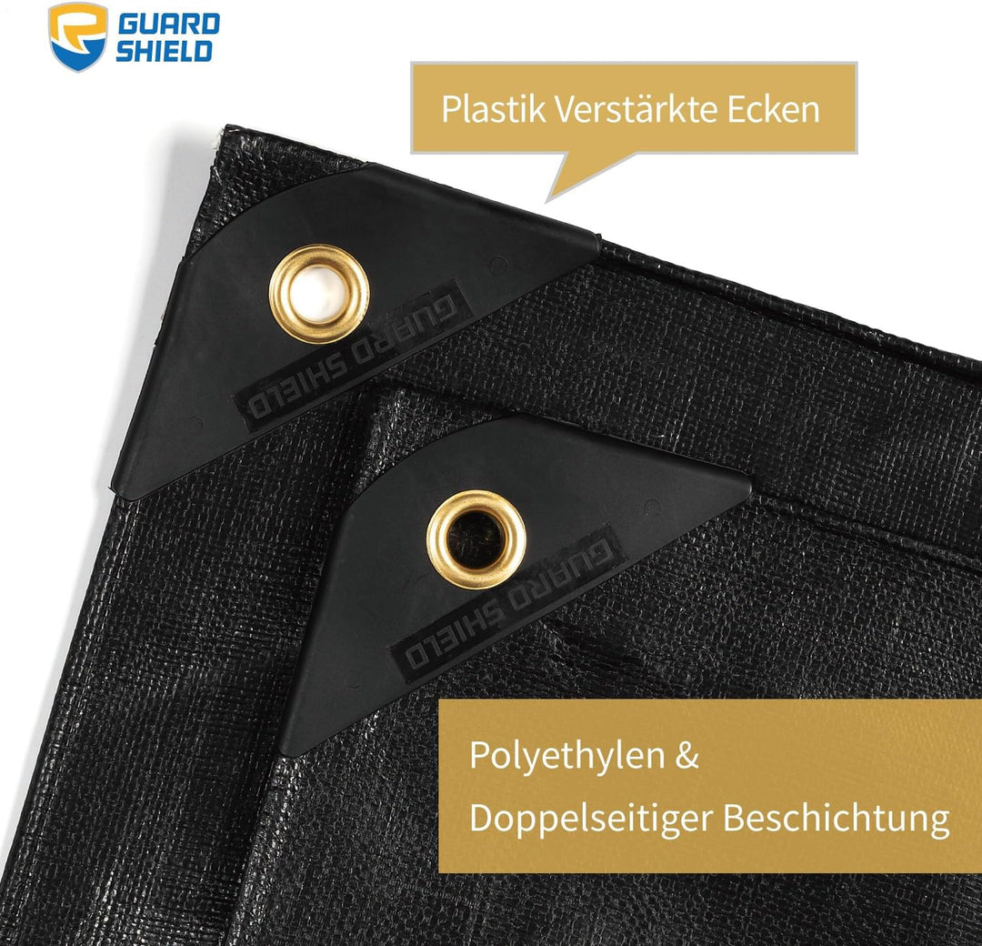 GUARD SHIELD Abdeckplane Wasserdicht mit Ösen 4m x 6m Schwarz Multifunktionale Polyester-Plane 260g/