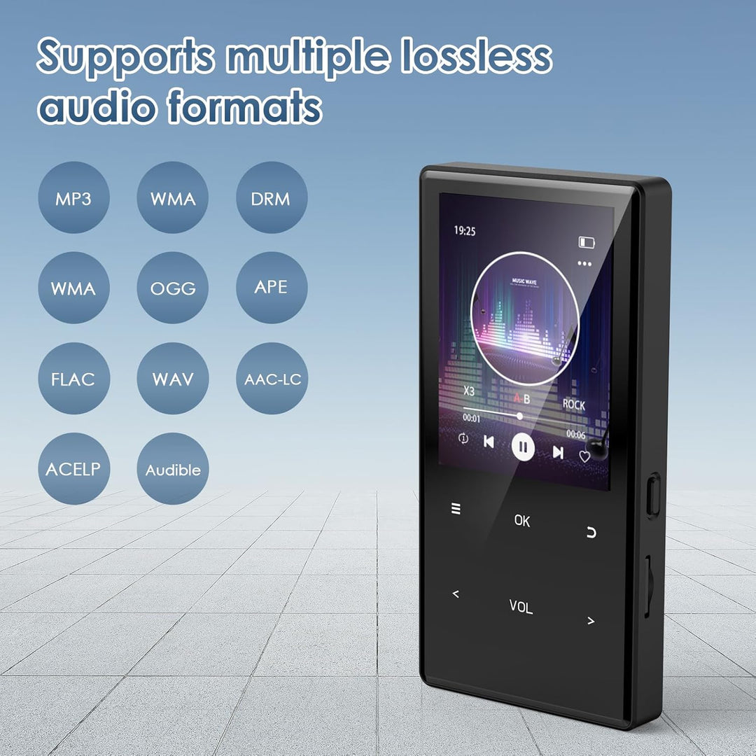 MP3-Player Bluetooth 5.0, 2,4 Zoll tragbarer MP3-Player 64 GB – HiFi-Audio-Player mit FM-Radio, Reco