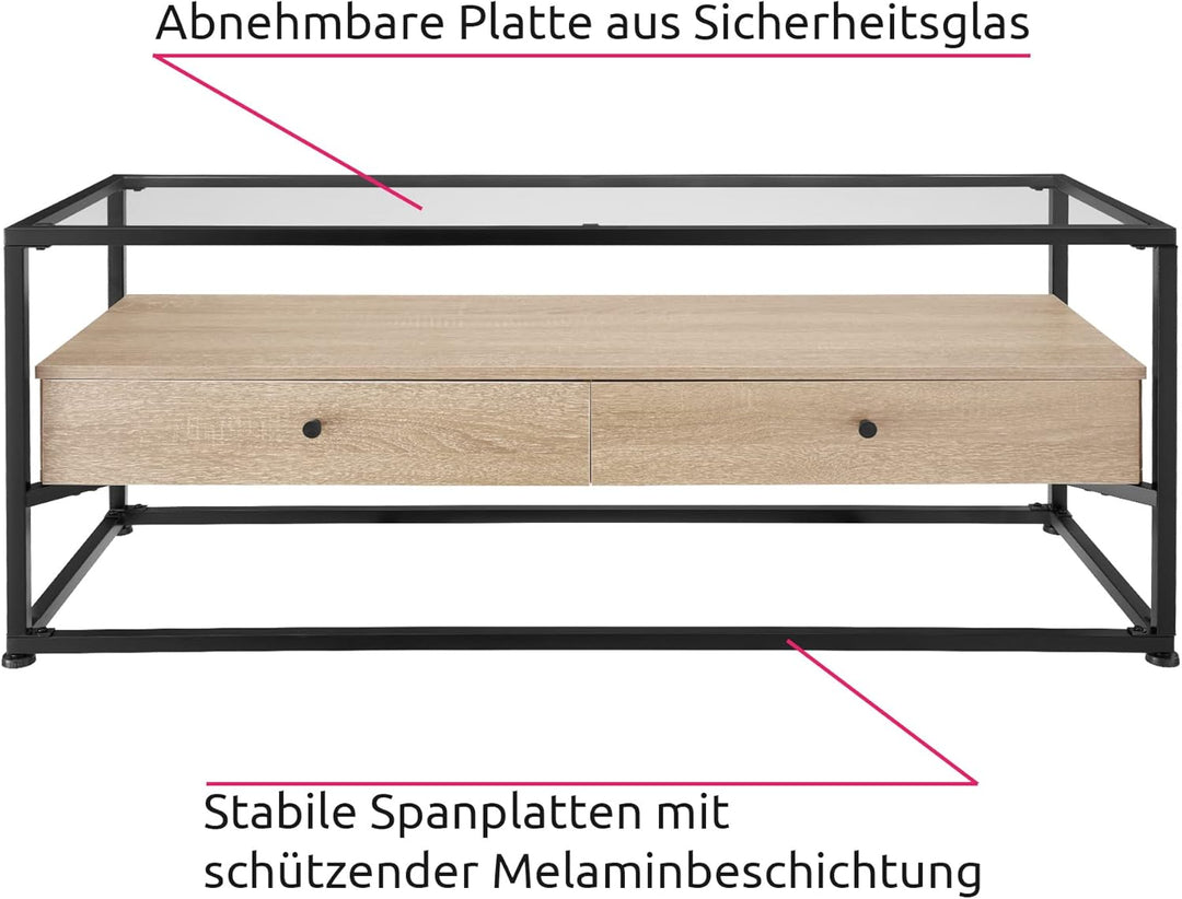 tectake® Lowboard mit 2 Schubladen und Ablagen, 121,5 x 41,5 x 50,5 cm, Fernsehtisch mit Glasplatte,
