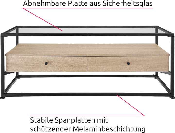 tectake® Lowboard mit 2 Schubladen und Ablagen, 121,5 x 41,5 x 50,5 cm, Fernsehtisch mit Glasplatte,