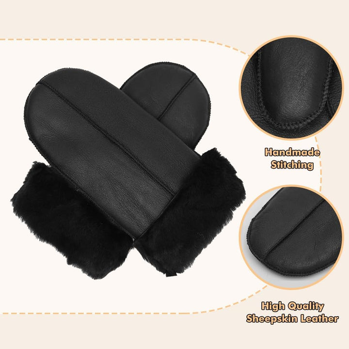 MGGMOKAY Damen Lammfell Shearling Fäustlinge Warme Winter Lederhandschuhe XS Schwarz, XS Schwarz