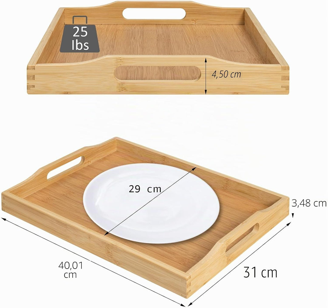 RRX Bambus-Serviertablett mit Griffen, Betttablett für Lebensmittel (Beige) | Holzschale für Tee, Sn