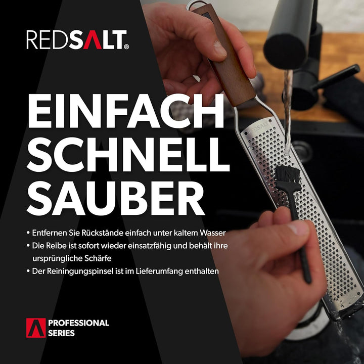 REDSALT® Premium Zester Julienne Edelstahl Reiben Set mit Walnuss Holzgriff | Raspel Küchenreibe Zit