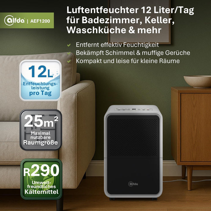alfda AEF1200 Luftentfeuchter 12 L Tag | bis 25 m², leise & energieeffizient, Automatikprogramm, Abl