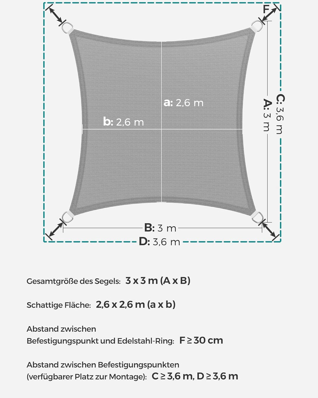 SONGMICS Sonnensegel 3 x 3 m, Sonnenschutz aus HDPE-Gewebe, luftdurchlässig, wasserdurchlässig, für