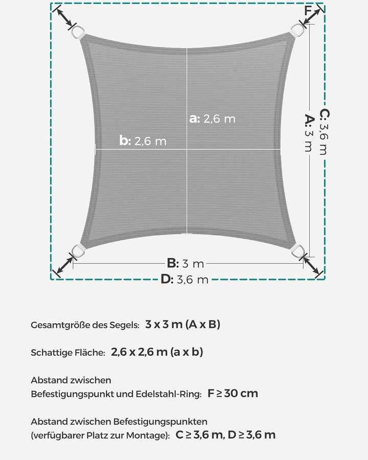 SONGMICS Sonnensegel 3 x 3 m, Sonnenschutz aus HDPE-Gewebe, luftdurchlässig, wasserdurchlässig, für