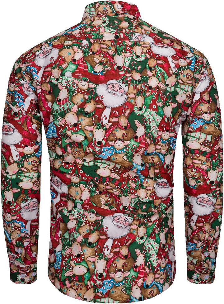 MOHEZ Herren Funky Christmas Print Weihnachtshemd Langarm Button Up Freizeithemd Rentier Santa Schne