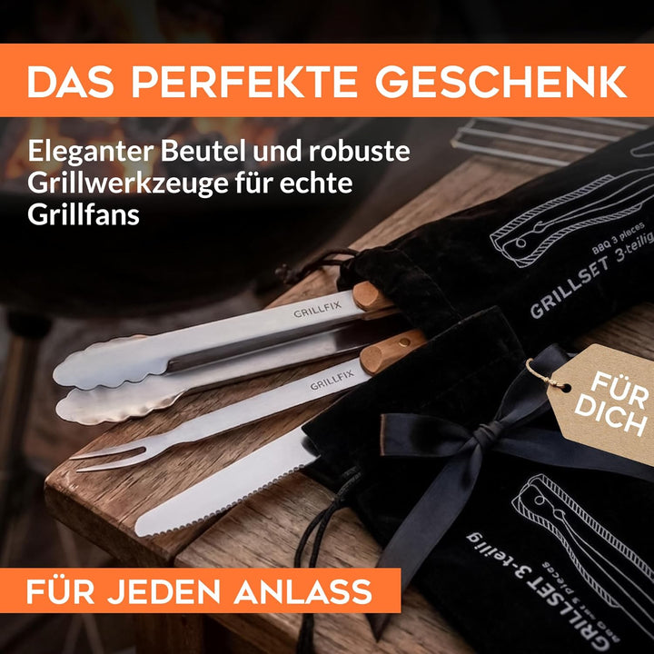 BBQ Grillbesteck Set extra lang 38cm, aus Edelstahl holzverziert | 3-teilig Geschenkset für Männer u