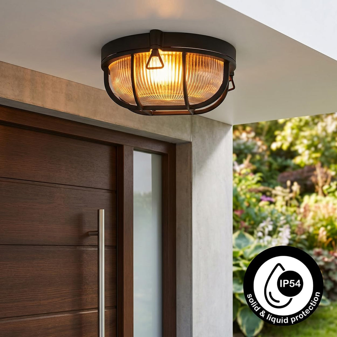 HOFSTEIN Aussendeckenleuchte Godel, Aussendeckenlampe aus Metall/Riffelglas in Schwarz/Klar, Deckenl