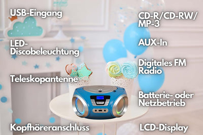 CD-Player mit LED-Beleuchtung | Kopfhöreranschluss | Tragbares Stereo Radio | Kinder Radio | Stereoa