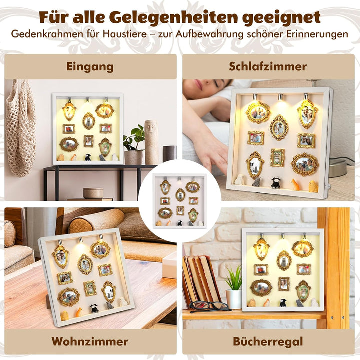 Upgrade DIY Mini Museum Bilderrahmen Set, Schattenbox mit seitlich öffnender Acrylfront & LED-Licht,