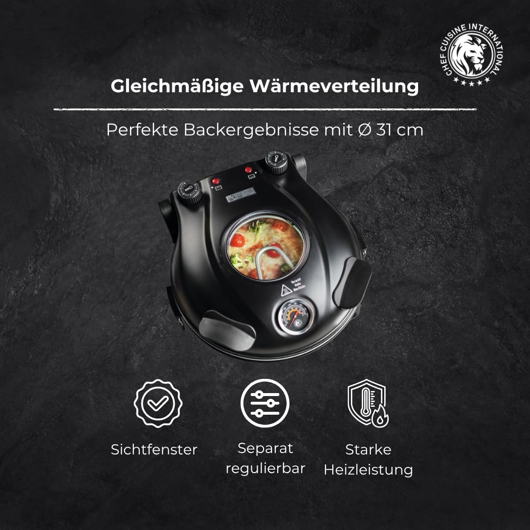 CHEF CUISINE Pizza Maker mit Keramikstein Ø 31 cm – Elektrischer Pizzaofen mit 1.200 Watt, Sichtfens
