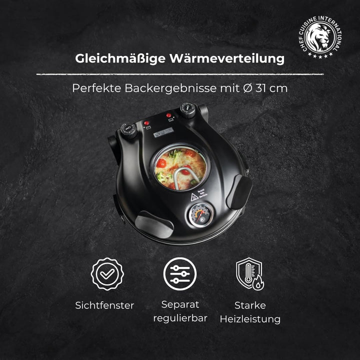 CHEF CUISINE Pizza Maker mit Keramikstein Ø 31 cm – Elektrischer Pizzaofen mit 1.200 Watt, Sichtfens