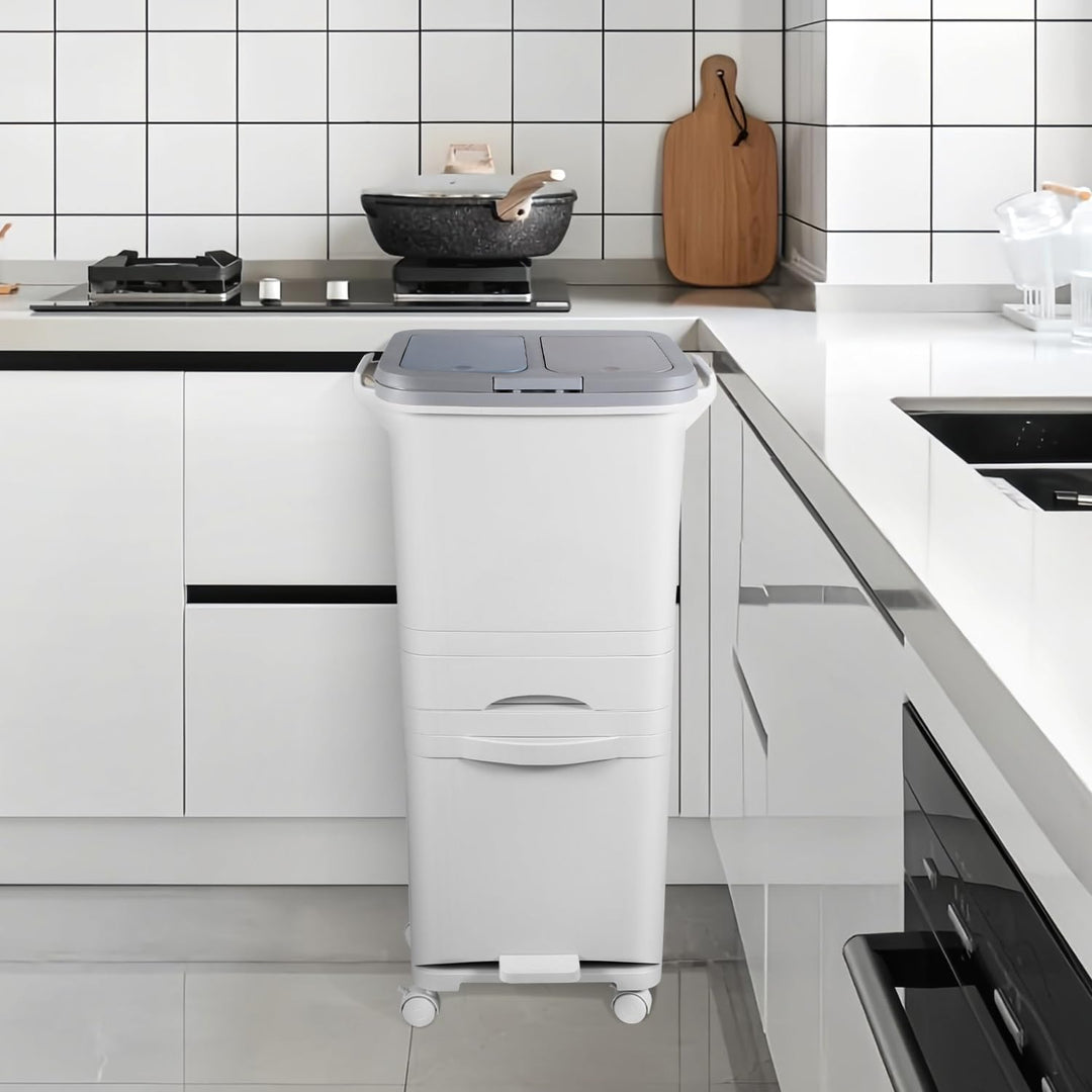 Mülleimer Küche 42L,3 Fächer,2 Fächer Mülltrennsystem mit Deckel | Mülleimer mit Deckel und Click-Fu
