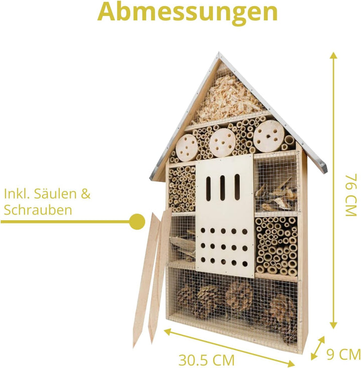 WILDLIFE FRIEND I Insektenhotel XXL stehend - mit Standfuss 76cm & Metalldach - Gross, Unbehandelt,
