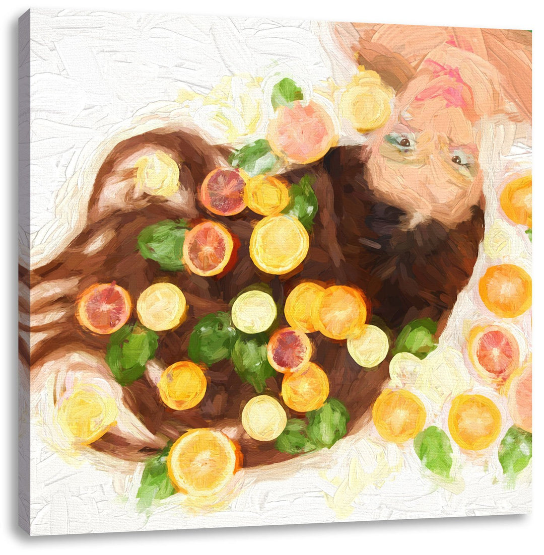 Pixxprint Hübsche Frau mit Obstscheiben als Leinwandbild/Grösse: 70x70 cm/Wandbild/Kunstdruck/fertig