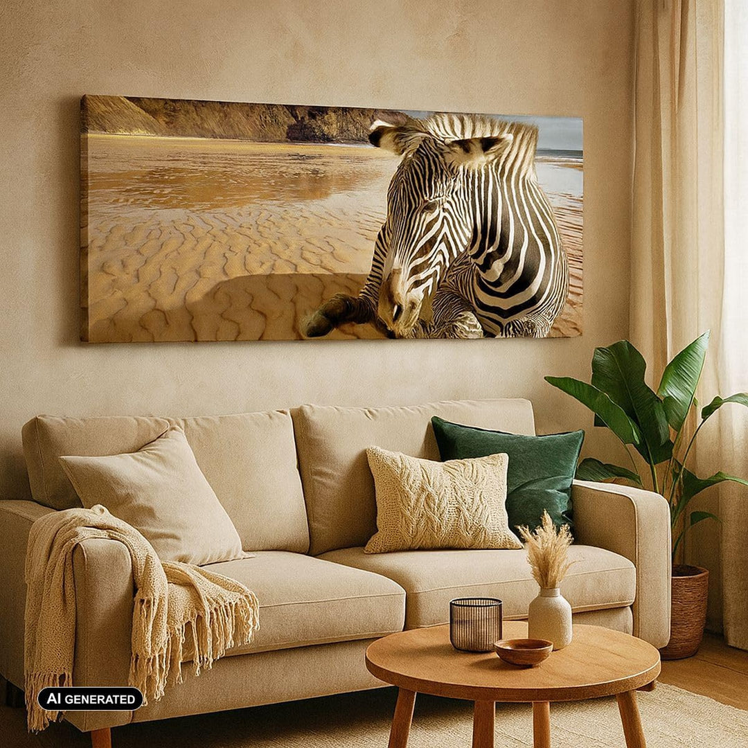 Panorama Bilder auf Leinwand 100x40cm Leinwandbild Zebra Strand Landschaft Gross Wanddeko Bild Schla