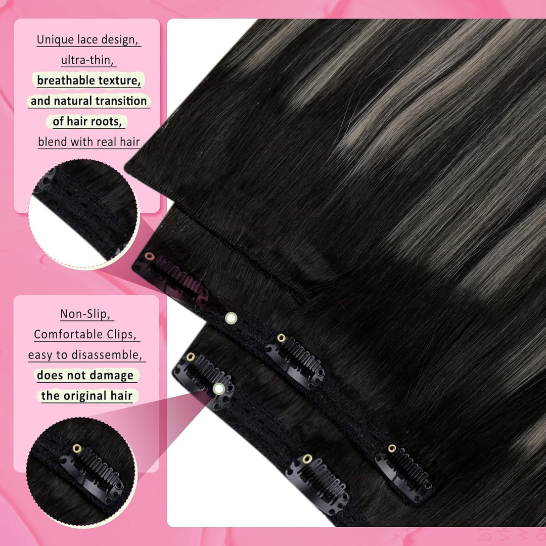 YoungSee Echthaar Extensions Clip Ombre Schwarz 7 Stück 30cm Clip in Extensions Echthaar Schwarz Bal