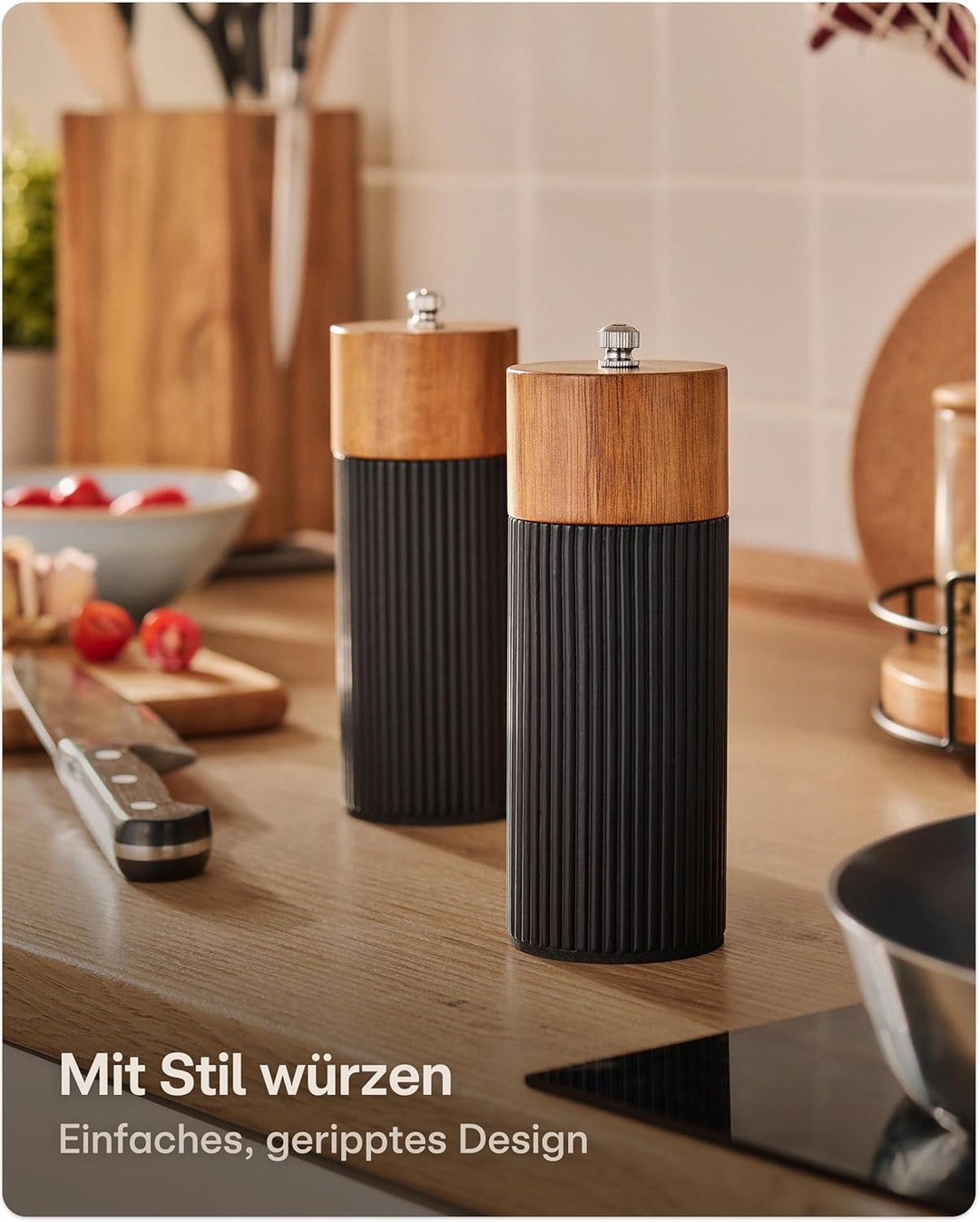 Praknu Salz & Pfeffermühle FSC® Holz der Akazie Set – mit Keramikmahlwerk – Stufenlos Einstellbar &