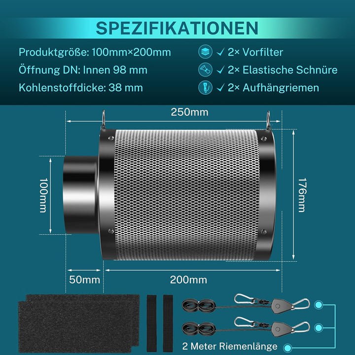 HG Power Aktivkohlefilter 100mm, Länge 200mm – 38mm Premium Australische Virgin-Aktivkohle, Geruchsk