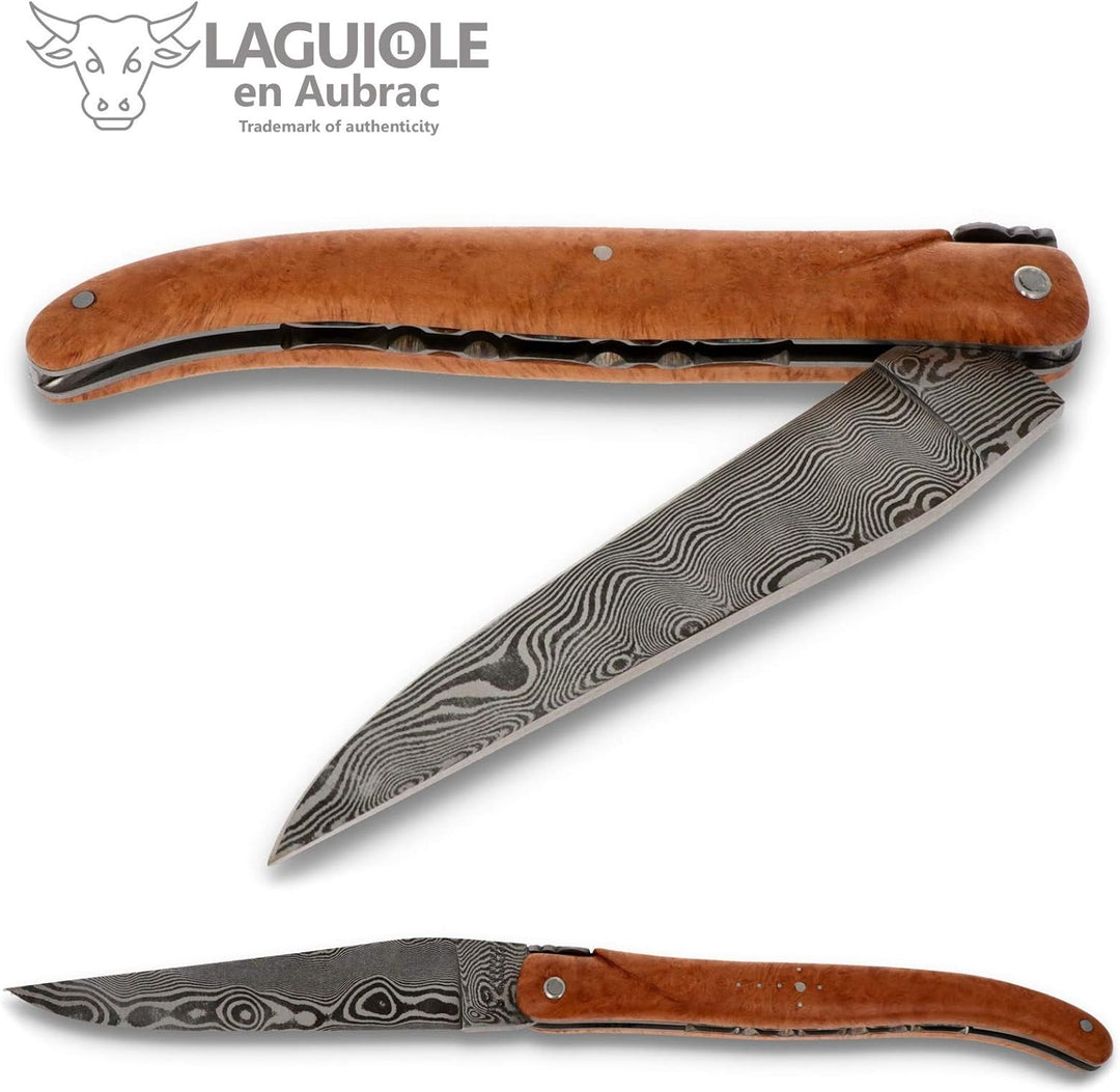 Laguiole en Aubrac Messer 12 cm - Griffschalen Bruyère plein manche - Zisellierte Platine - Damastkl
