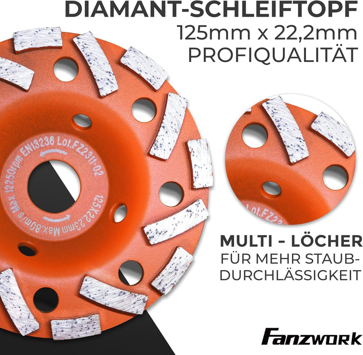 FANZWORK Absaugaufsatz Absaughaube für Winkelschleifer inkl. 2 x 125 mm Diamantschleiftopf PROFI QUA