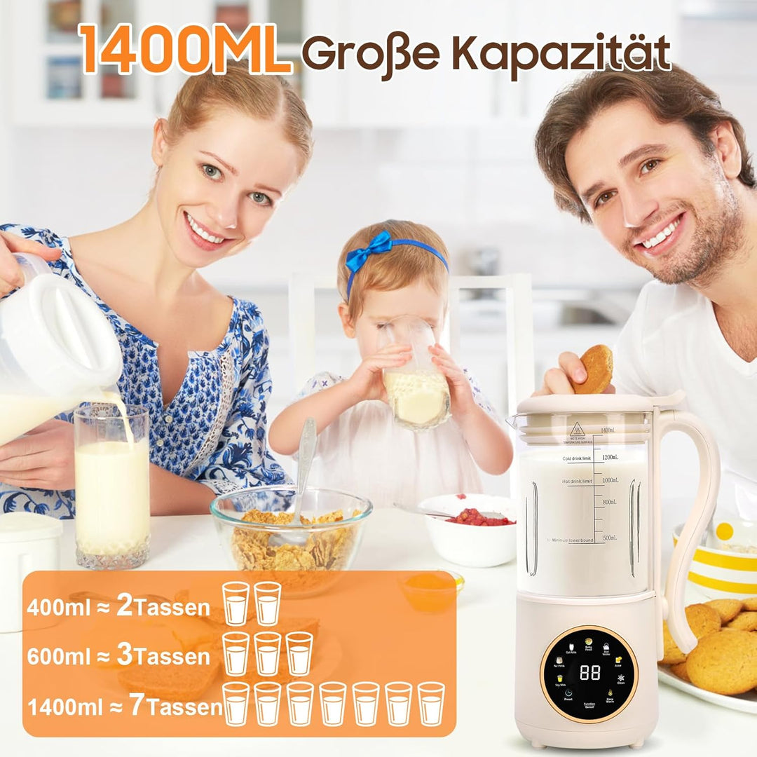 Sojamilch Maschine, 1400ml Automatische Nussmilchmaschine mit 16 Klingen, LED Anzeige, Verzögerungss