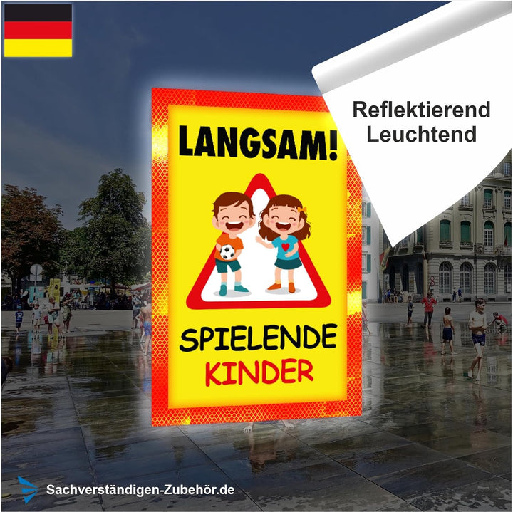 Sachverständigen-Zubehör® Achtung Kinder Sicherheit Schild XXL aus Metall [3 mm] mit Reflektoren [re