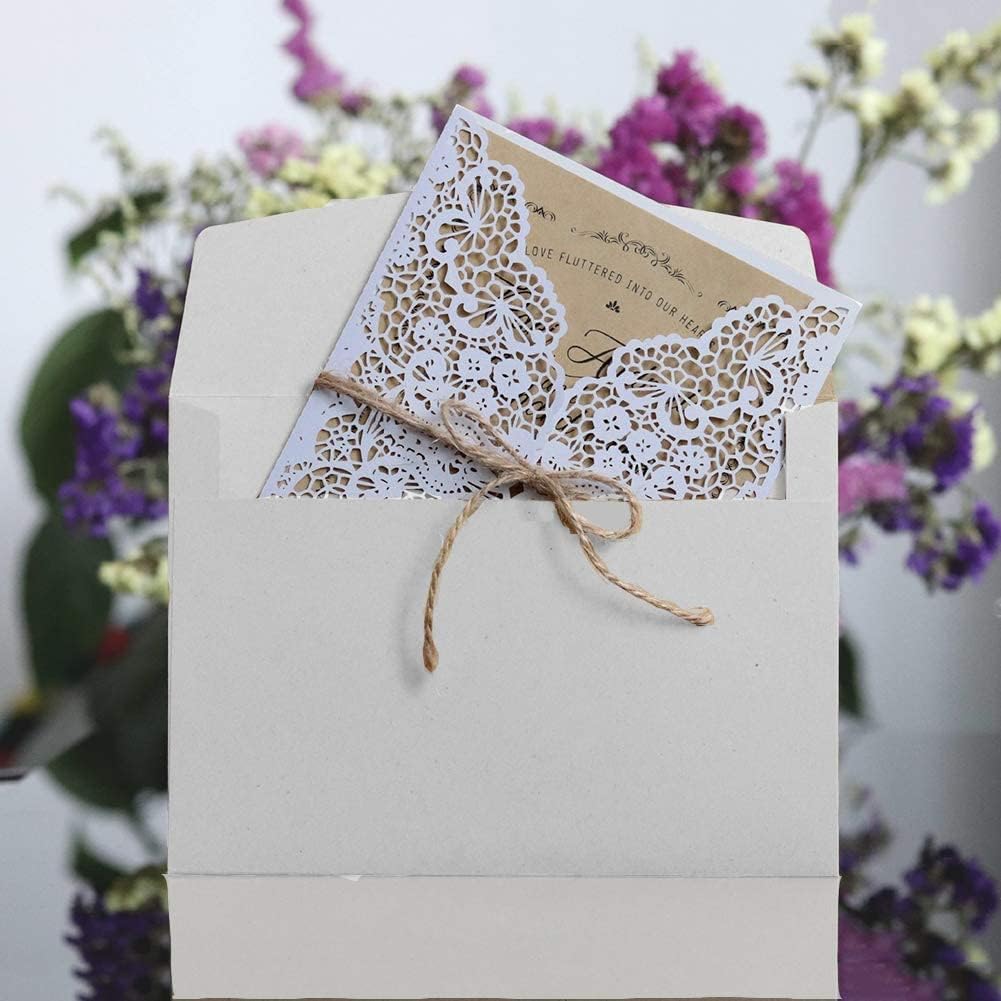 Personalisierte Einladungskarten Elegant Spitze Design-mit Umschläge und Hanf Seil-Vintage DIY Laser