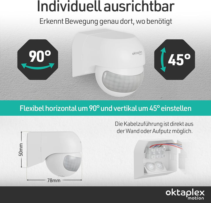 Oktaplex Ana Bewegungsmelder Aussen schwenkbar 230V IP44 180° Bewegungssensor 12m Reichweite weiss A